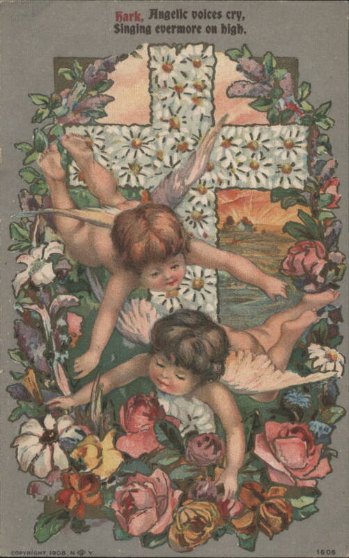 Easter Cherubs with Floral Cross, Hark Angelic Voices Cry