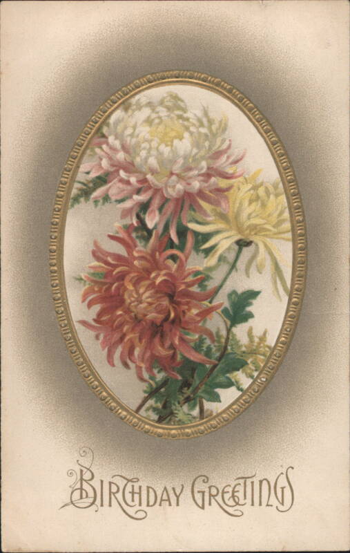 Birthday Greetings with Chrysanthemums in Ornate Frame