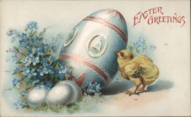 Easter Greetings with Chick, Decorated Egg, and Forget-Me-Nots