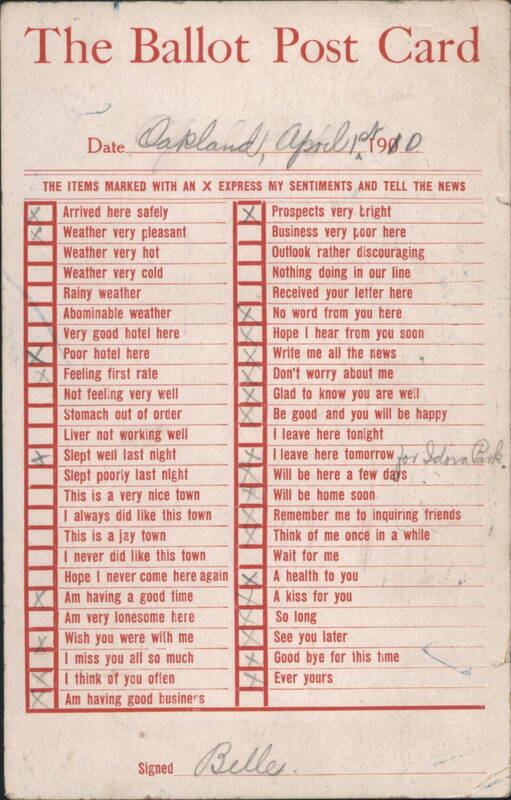 The Ballot Post Card: Pre-printed Checkbox Message from Oakland, CA 1910