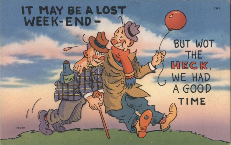 Lost Weekend Comic: Drunken Men with Balloon and Bottle