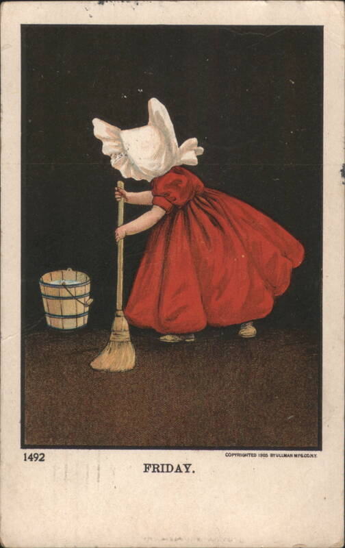 Friday Housework with Bonneted Figure Sweeping & Bucket