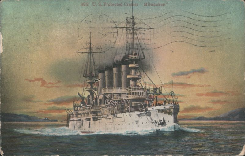 U. S. Protected Cruiser Milwaukee Steaming at Sea, San Francisco Built