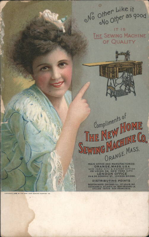 Smiling Woman Points to The New Home Sewing Machine, Orange, Mass.