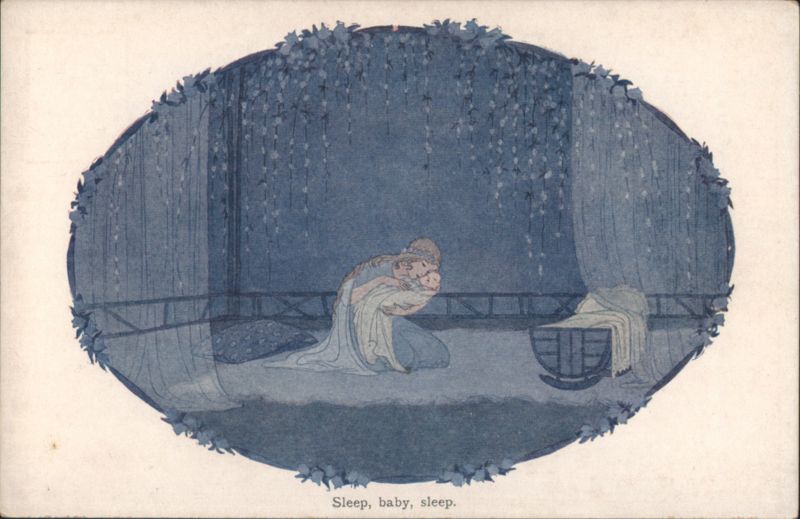 Sleep, Baby, Sleep - Mother Cradling Child in Blue Oval Frame