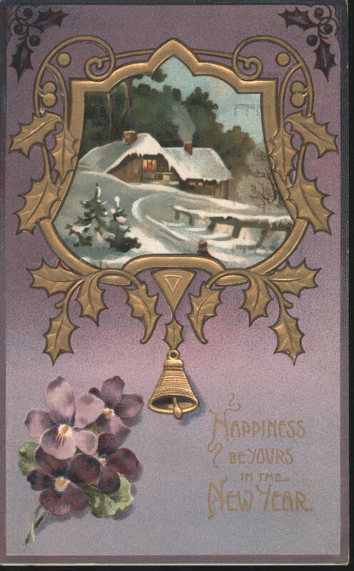 Winter Cabin Scene with Holly & Bell, New Year's Greeting