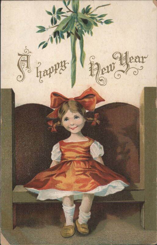 Happy New Year Greeting with Smiling Girl in Red Dress and Bow