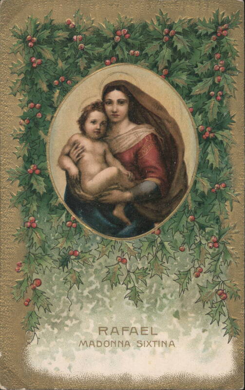 Madonna Sixtina by Raphael with Holly Wreath, Christmas Greetings
