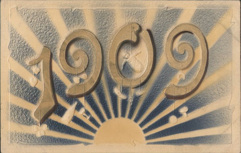1909 New Year's Greeting with Sunburst, Cherubs, and Decorative Elements