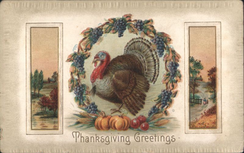 Thanksgiving Greetings Turkey, Grapes, Corn & Pumpkins Wreath