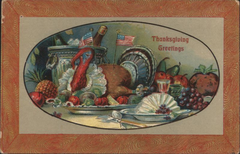 Thanksgiving Feast with Roasted Turkey, Fruits, and American Flags