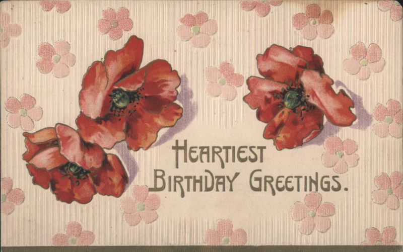 Heartiest Birthday Greetings with Red Flowers on Striped Background