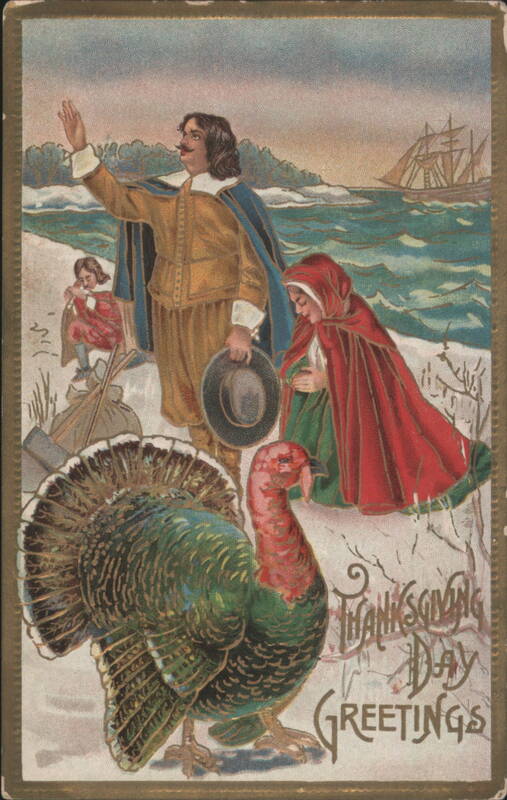Thanksgiving Day Greetings with Pilgrims, Turkey, and Ship on Snowy Shore