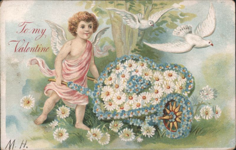Cupid with Heart Wheelbarrow of Flowers To my Valentine