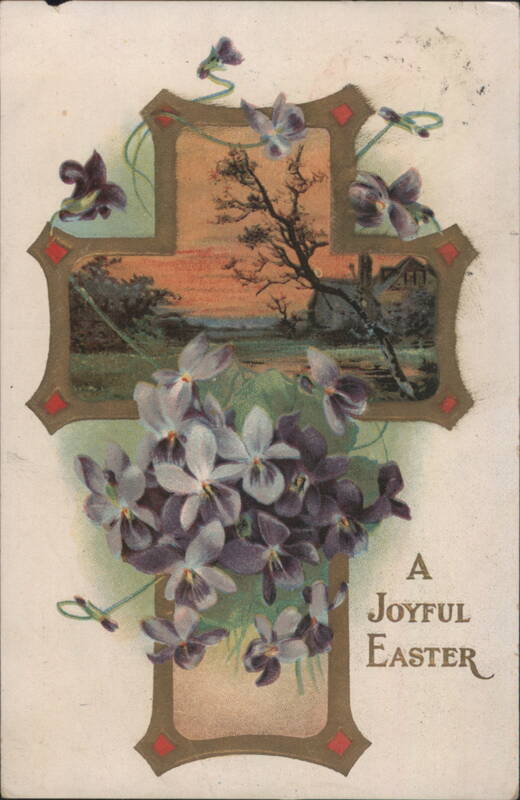 Easter Cross Adorned with Violets and Landscape Scene, Joyful Greeting