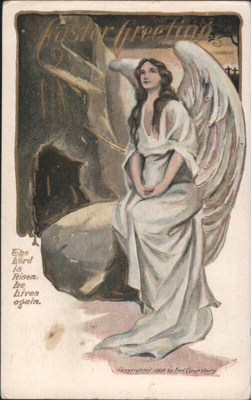 Easter Greetings Angel on Rock with 'The Lord Is Risen' Message