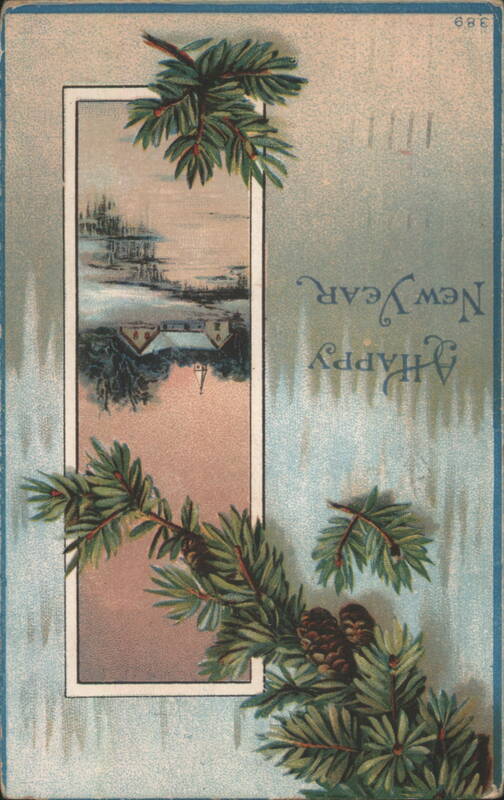Happy New Year Winter Scene with Pine Boughs and Cones
