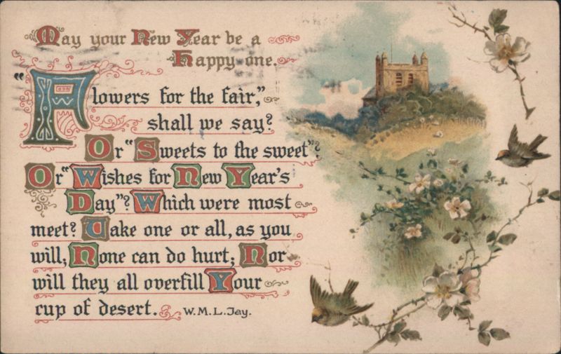 New Year's Greeting Poem with Castle, Birds, and Flowering Branches