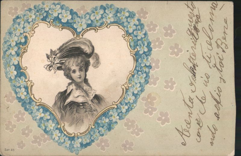 Elegant Lady with Feathered Hat in Heart-Shaped Floral Frame