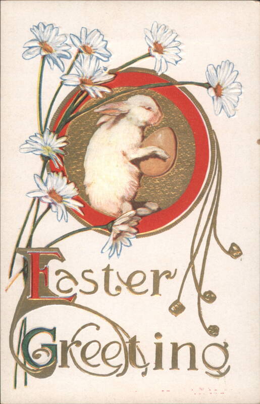 Easter Greeting with White Bunny Holding Egg and Daisies