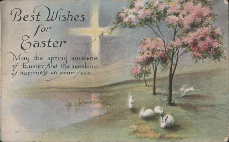 Best Wishes for Easter with Bunnies, Blooming Trees, and Cross
