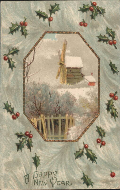 Winter Windmill Scene with Holly, Berries, and Happy New Year Greeting