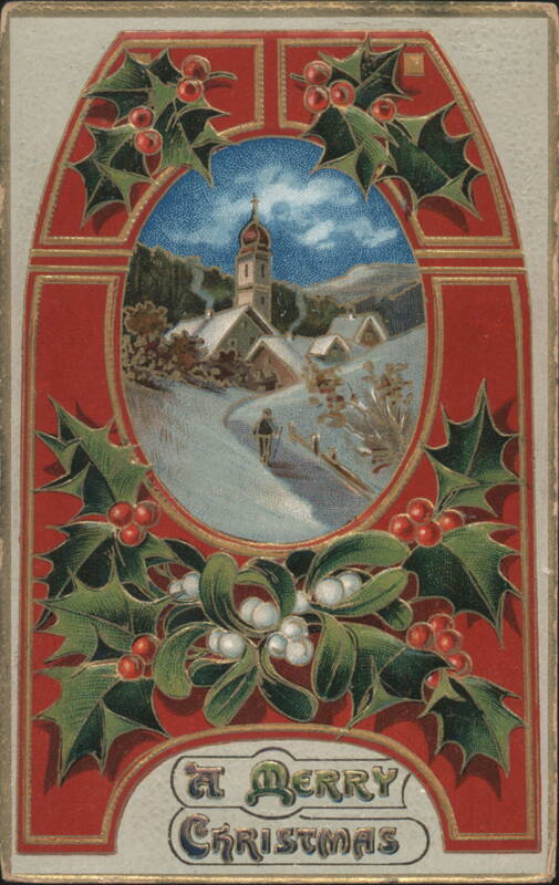 A Merry Christmas Snowy Village with Holly and Mistletoe