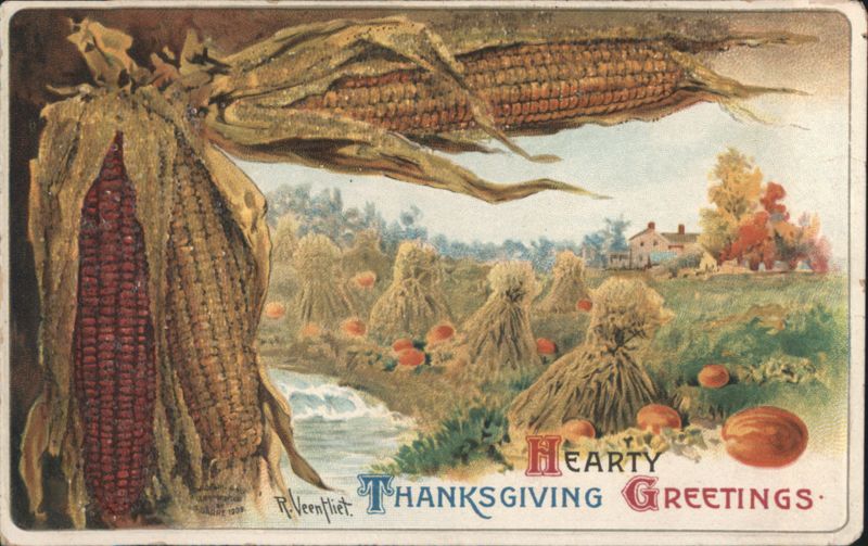 Hearty Thanksgiving Greetings with Corn, Pumpkins, and Farmhouse