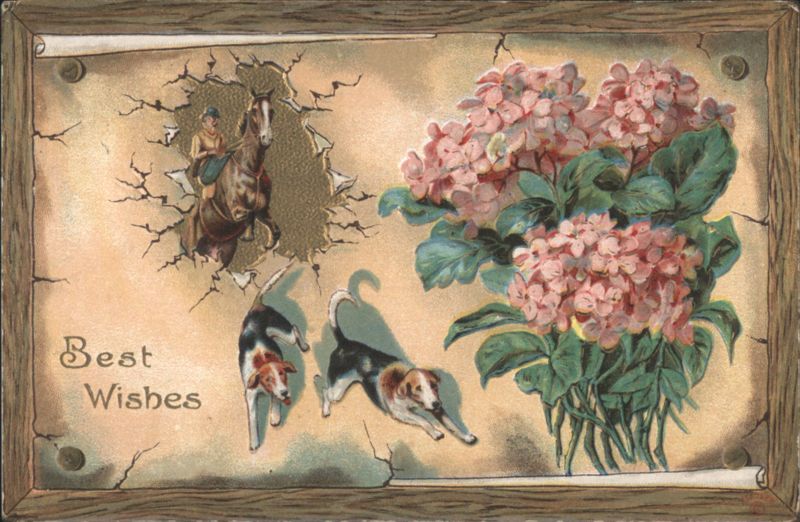 Best Wishes with Man on Horseback, Dogs, and Pink Flowers