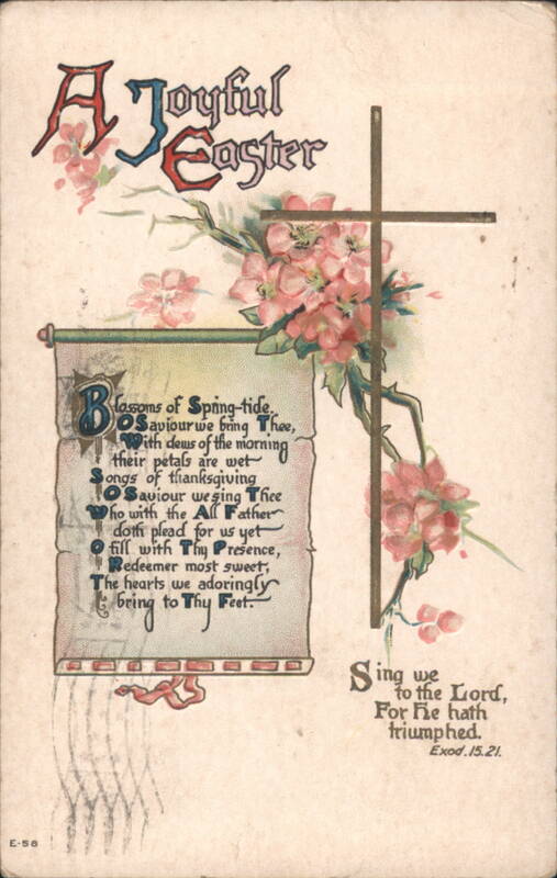 A Joyful Easter Cross with Pink Flowers and Religious Poem