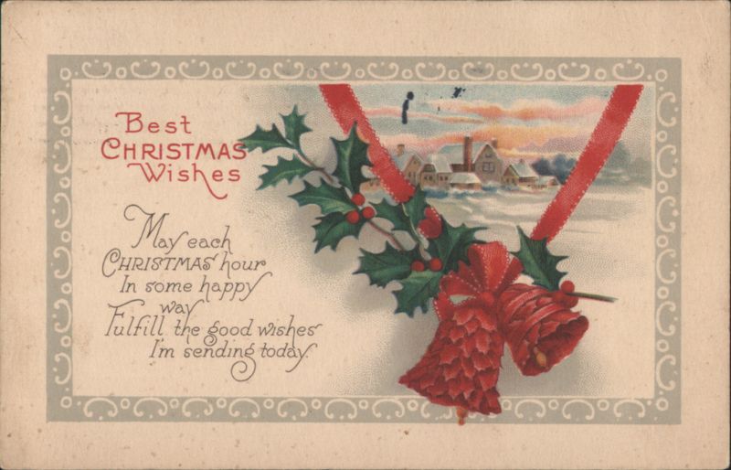 Best Christmas Wishes with Holly, Bells & Snowy Village