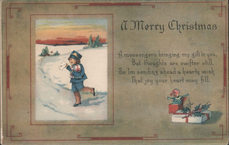 A Merry Christmas Child Messenger in Snow with Gifts, Ora OH 1919