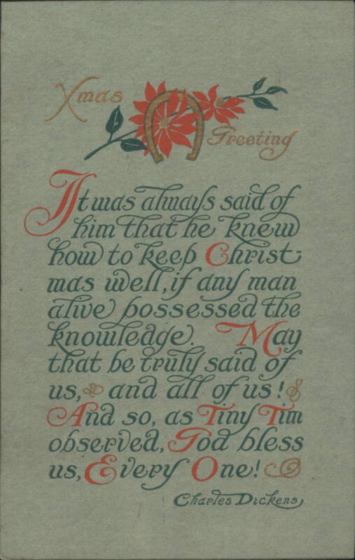 Charles Dickens Christmas Greeting with Horseshoe & Poinsettias