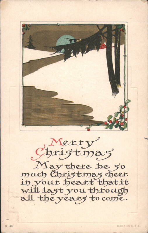 Merry Christmas Winter Scene with Holly and Sent from Enfield, NH 1915