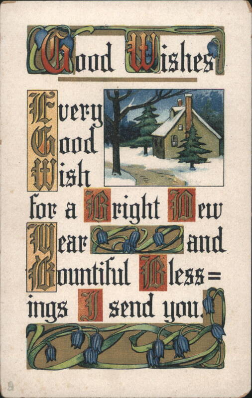 Good Wishes Bright New Year, Winter House Scene, Art Nouveau Lettering