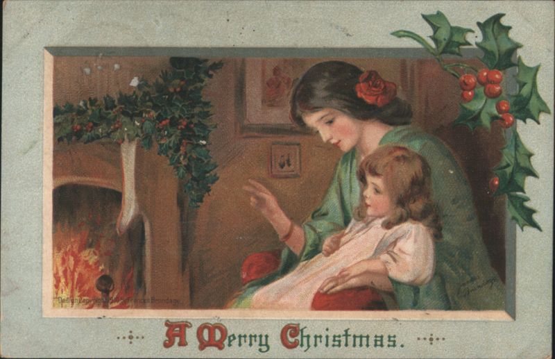 A Merry Christmas: Woman and Child by Fireplace with Holly