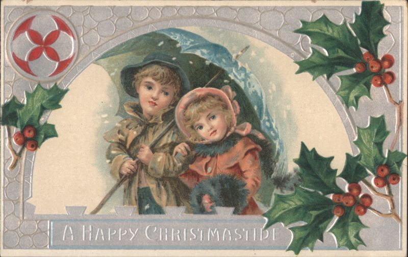A Happy Christmastide: Children with Umbrella in Snow, Holly Border