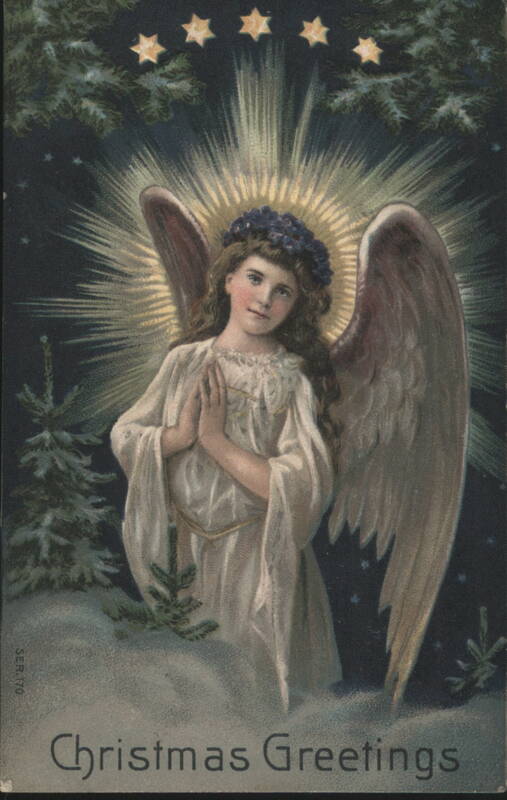 Christmas Greetings Angel with Halo, Wings, and Pine Trees