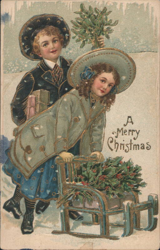 Children with Mistletoe and Holly on Sled for Merry Christmas