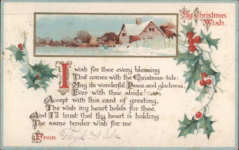 My Christmas Wish, Snowy House & Holly, Sent from New York 1916