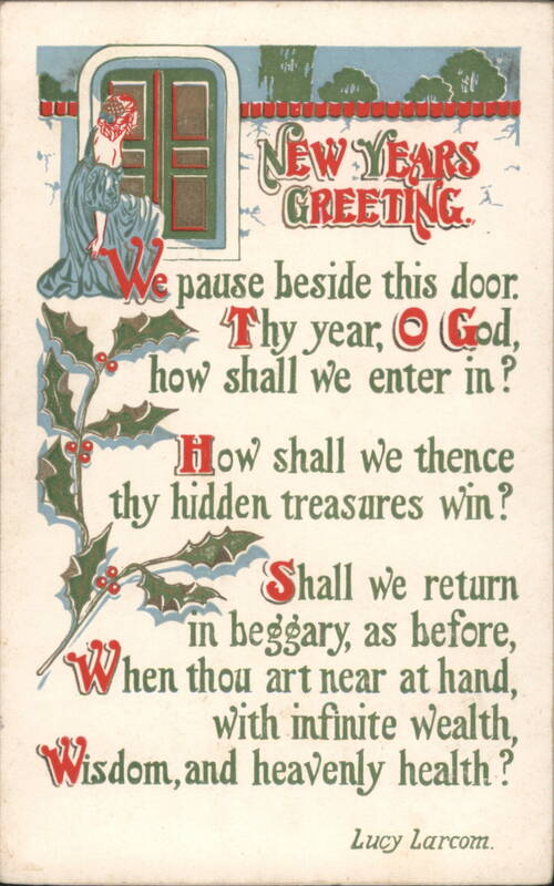 New Year's Greeting with Woman by Door and Lucy Larcom Poem