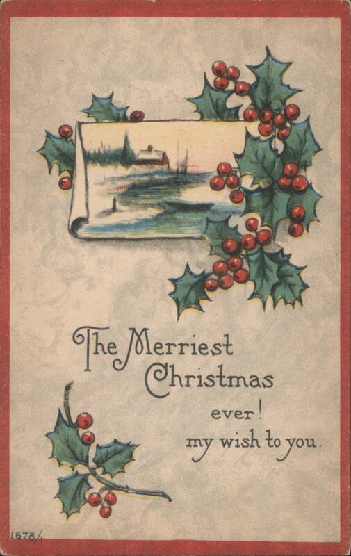 Christmas Holly Berries Winter Scene Greeting 1915