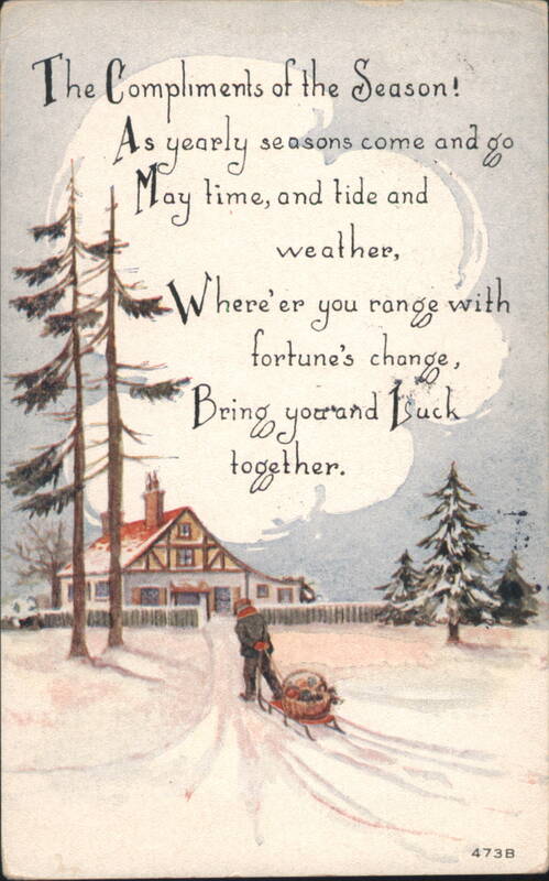 Winter Scene with Child Pulling Sled, Compliments of the Season Greeting