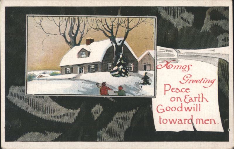 Snowy Christmas Scene with Children, House, and 'Peace on Earth' Greeting