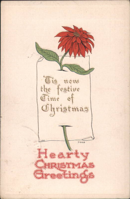 Poinsettia on Scroll Banner, Hearty Christmas Greetings