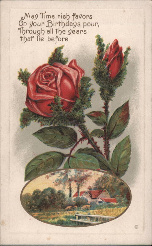 Birthday Greeting with Red Roses and Rural Landscape Vignette