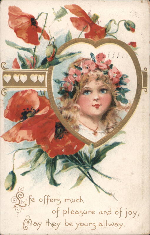 Girl in Flower Wreath Heart with Poppies, Birthday Greeting