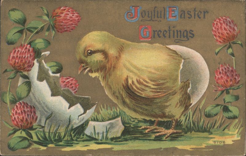 Joyful Easter Greetings Chick Hatching from Egg with Red Clover