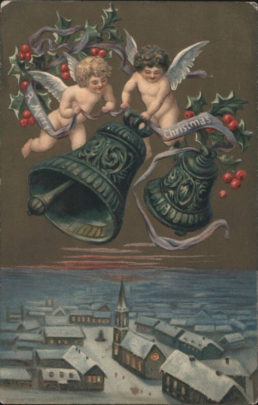 Angels Ringing Bells Over Snowy Village, A Merry Christmas Greeting