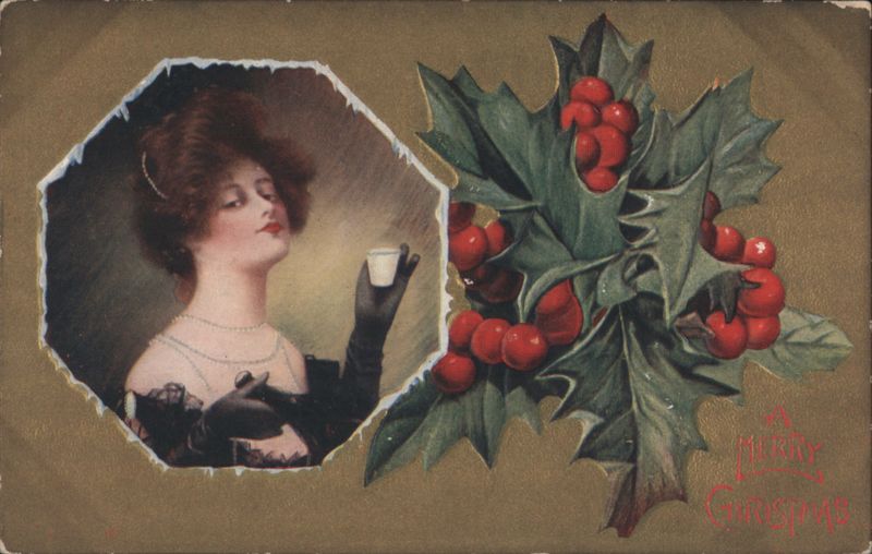Elegant Woman in Vignette with Holly & A Merry Christmas Greeting